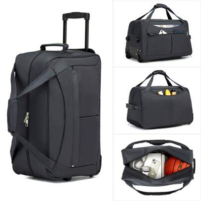 55L Foldable Trolley Travel Bag Large Capacity 2 Wheeled Rolling Duffel Lightweight Carry-On Hand Luggage Collapsible Weekender Bag With Telescopic Handle Grey