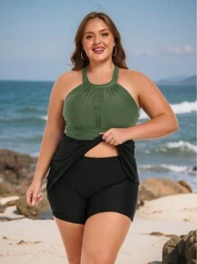 Graduation Women's Plus Size Tankini Swimsuits: Two Piece Bathing Suits Tank Tops With Boy Shorts Flowy Swimwear For Curvy Women - Army Green - View 4