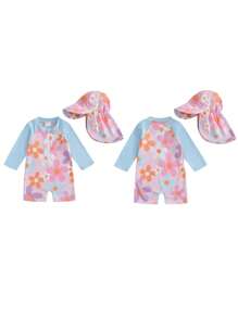 Toddler Girls Rash Guard Swimsuit With Hat 2 Pcs Set Flower Pattern Zip Up Long Sleeve Crew Neck Baby Girls Swimwears - Blue - View 8