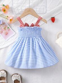 BrownBark Casual Cute Toddler Girls Checkered, Bow, Strawberry Embroidery, Tight Cami Dress, Suitable For Leisure, Vacation, Daily Outdoor, Summer - Multicolor - View 2