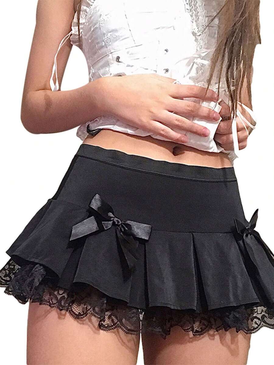 Women Gothic Pleated Mini Skirt Punk High Waist Lace Up A Line Skirt For Casual Party Cosplay - 黑色 - 查看 1