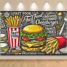 1 件涤纶生日快乐背景，卡通汉堡包和薯条设计，电池供电，适用于家庭、周年纪念、一般庆祝活动、派对横幅 - 黑色 - 查看 2