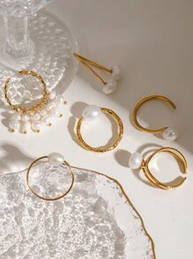 Uworld 1 件女士简约优雅淡水珍珠素面戒指开口戒指 18K 镀金不锈钢扭曲竹戒指适合日常佩戴节日派对节日婚礼等。 - 珍珠 - 查看 2
