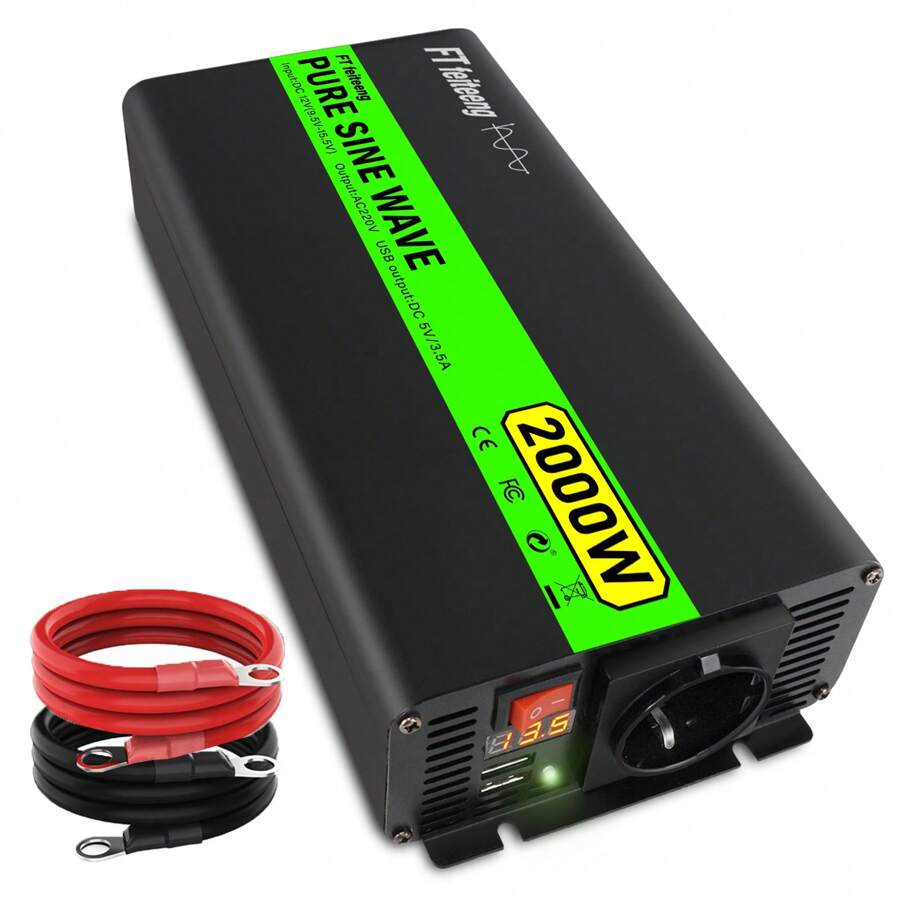 FT feiteeng Pure Sine Wave Power Inverter, 12V To AC 220V/230V, Suitable For Household, RV, And Off Grid Solar Systems, With AC Socket And USB Port, LED Display