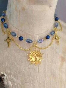 1pc Fashionable Bohemian Resin Crystal Metal Sun Starburst Tassel Pendant Necklace, Women Jewelry For Daily Outfit And Party Accessory - 彩色 - 查看 2