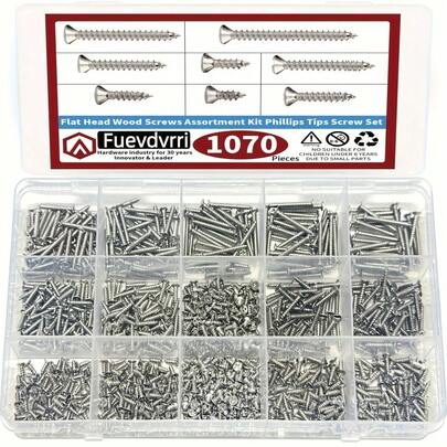 1070pcs Wood Screws Assortment Kit, Phillips Tips Wood Screws Set, Screws, Flat Head Assorted Screws M2 X 4/5/6/8/10/12/16/20 Carbon Steel Nickel Plated