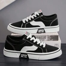 低帮帆布运动鞋，休闲一脚蹬平底鞋，时尚男士鞋 - 黑色 - 查看 3