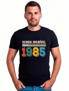 Men's Cotton T-Shirt Being Awesome Since 1984 - 黑色 - 查看 2