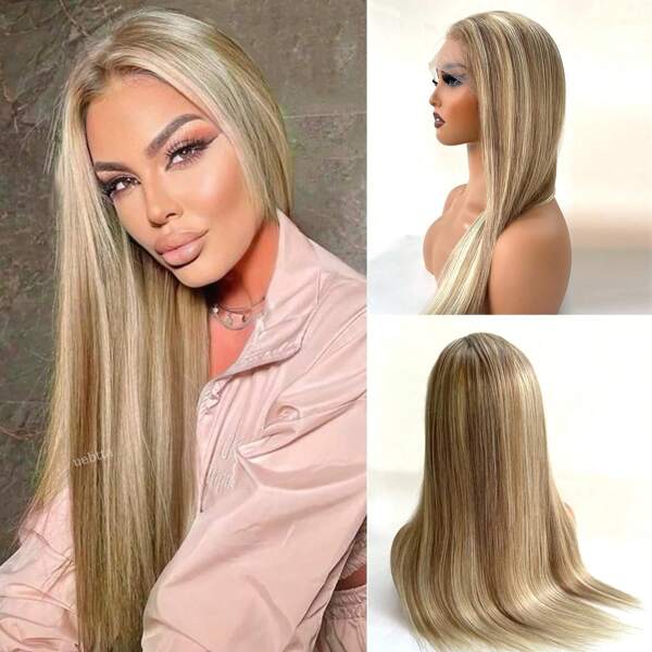 13x6 Ash Blonde Straight Wigs For Women 13x6 Lace Frontal Wig P18/613 Highlight Human Hair Wigs 13X6 Lace Frontal Wig 180% Highlight Blonde Lace Front Wigs Human Hair Straight Preplucked HD Transparent Lace 6 Inch Deep Parting Space 16-32 Inch