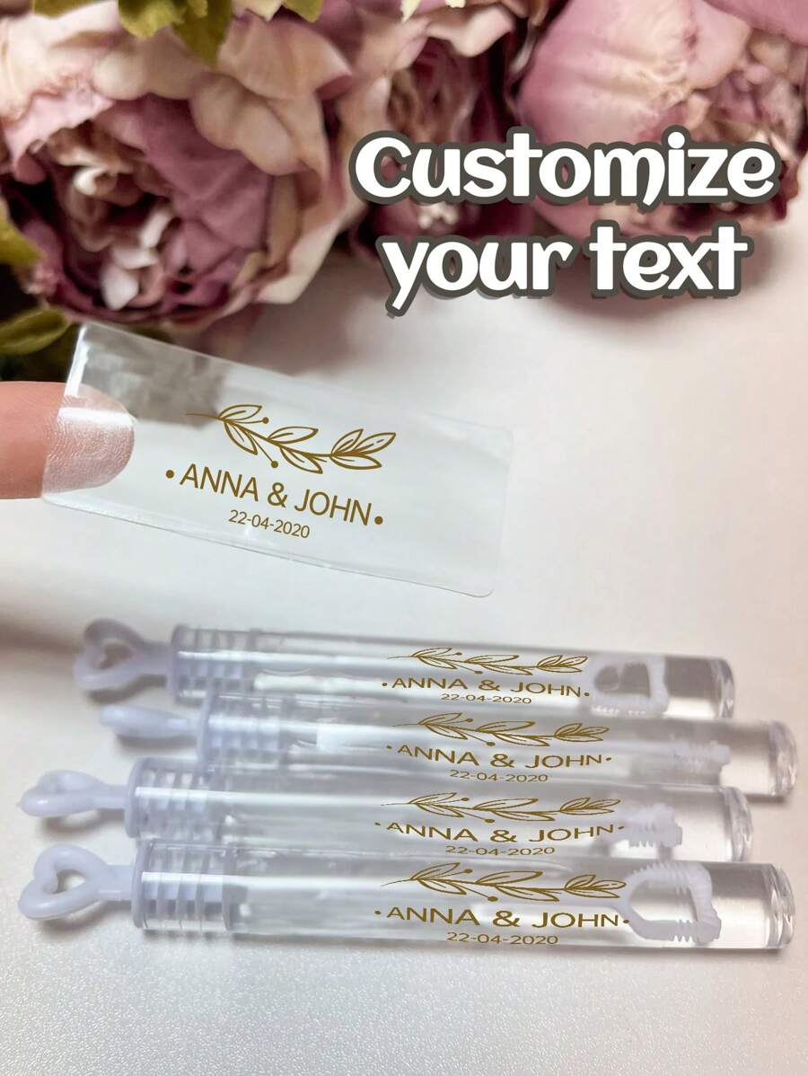 23/45/95pc Custom Wedding Bubble Tube Stickers, Personalized Name And Date Bubble Wand Stickers, PVC Material, Custom Wedding Reception Stickers, Transparent Bubble Stickers, Waterproof Stickers For Drinks And Glass,Back To School Supplies - Multicolor - View 1
