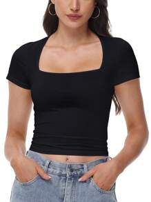 KAHULE Summer Basic Tees  Women Square Neck Crop Top Short Sleeve T Shirts Slim Fitted  Tops  Cute