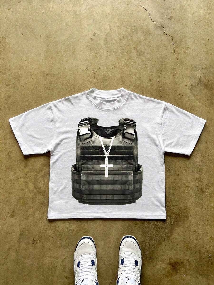 街头风战术防弹背心图案T恤，个性化短袖 - 白色 - 查看 1