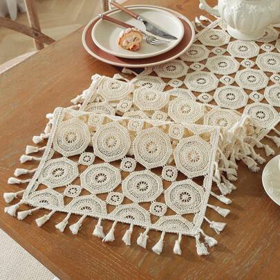 1 pieza Camino de mesa vintage de ganchillo con borlas, adecuado para mesa de comedor, mesa de café, gabinete, alfombrilla para vela, alfombrilla para jarrón, antideslizante, decoración del hogar, decoración navideña, decoración para camping, fiestas, bodas, disponible en varios tamaños