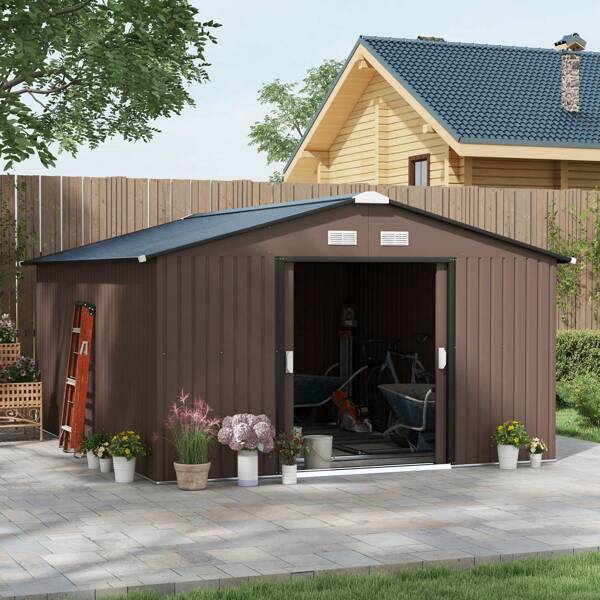 Outsunny Outsunny Gerätehaus 12,4 m², Gartenhaus mit Pultdach, Schiebetür, Fundament, 340 x 386 x 200 cm, Geräteschuppen aus Verzinkter Stahl, wetterfest, für Garten, Braun