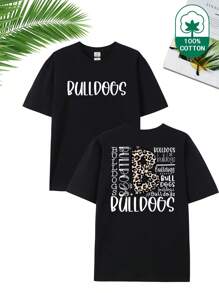(180g Pure Cotton T-Shirt) Bulldog Letter Style Leopard Print Letter B Print Women's Summer Round Neck Thick Short Sleeved T-Shirt Casual Pure Cotton