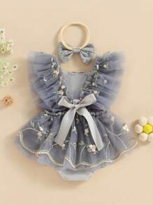 Infant Baby Girls Romper Dress Fly Sleeve Square-Neck Floral Embroidery Tulle Jumpsuit With Bow Headband - Màu xanh lam - Xem 3