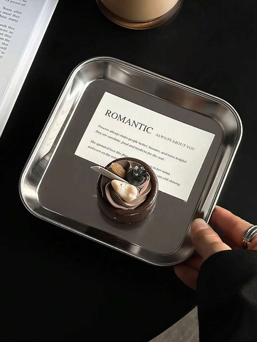 1pc Square Dessert Tray, 304 Stainless Steel, Suitable For Bakery, Cake Shop, Cafe, High-End Square Platter, Small Plate