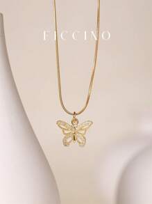 FICCINO 镂空蝴蝶锆石立方装饰钛钢镀金项链，精致蛇链项链，日常佩戴和礼物，附赠礼盒 - 147n - 查看 1