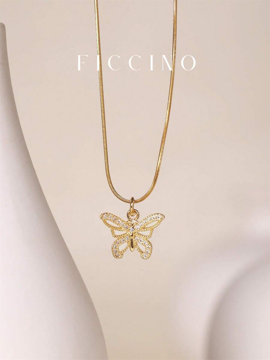 FICCINO 镂空蝴蝶锆石立方装饰钛钢镀金项链，精致蛇链项链，日常佩戴和礼物，附赠礼盒 - 147n - 查看 1