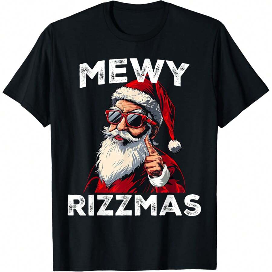 Mewy Rizzmas Funny Santa Mewing Joke Rizz Mens Christmas T-Shirt - 黑色 - 查看 1