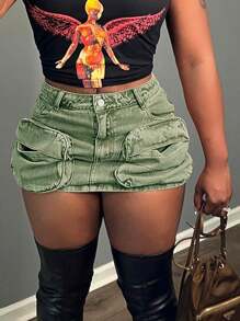 Womens Cargo Skirt Low Waist Button Denim Mini Skirt Summer Y2k Jean Skirt With Flap Pockets - 綠色 - 查看 1