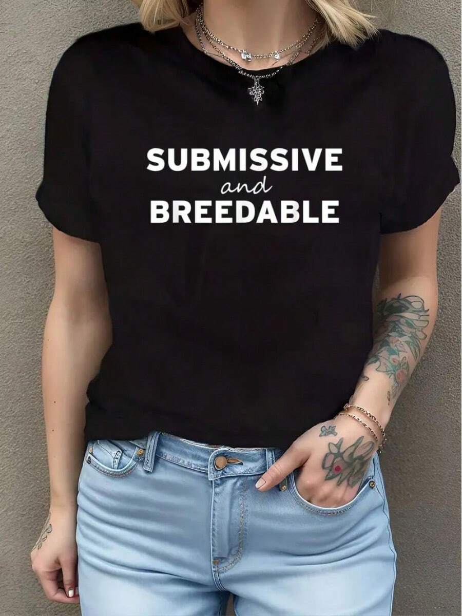 Submissive And Breedable Funny LGBT Gay Bottom Meme Gifts T-Shirt - Black - View 1