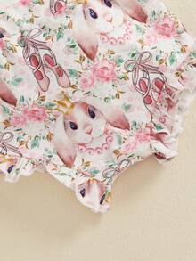 Conjunto de 3 piezas de ropa de Pascua para niñas pequeñas, mono de manga corta con estampado de conejito y pantalones cortos elásticos con diadema. - Blanco - Ver 8