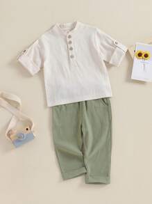 Toddler Boys Cotton Linen Outfits Buttons Short Sleeve Shirts And Elastic Waist Long Pants 2Pcs Clothes Set - 軍綠色 - 查看 2