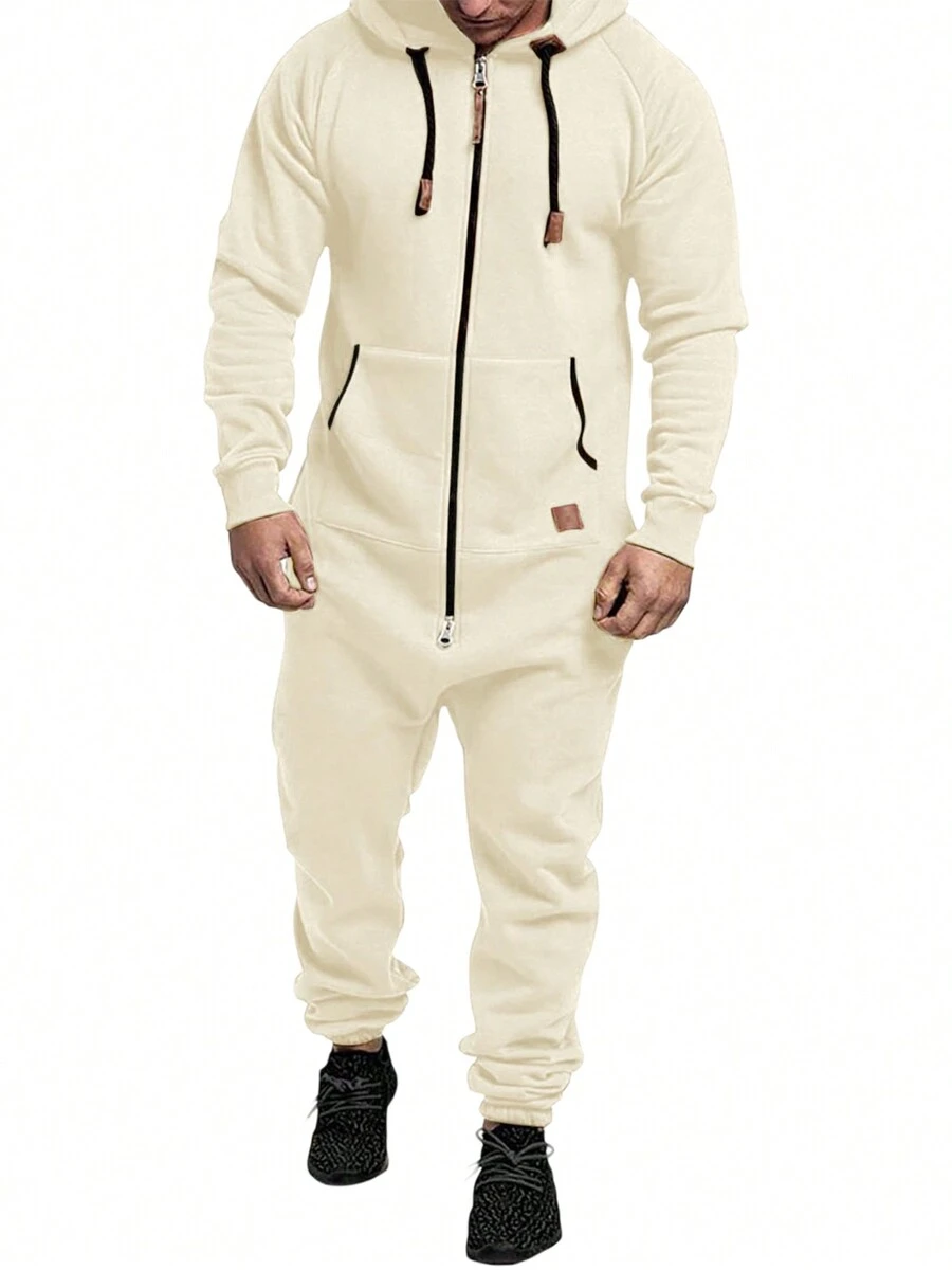 Men's Winter Hooded Jumpsuits With Pockets Warm Long Sleeve Full Zipper Up Overalls Sweatsuits With Drawstring - Beige - View 1