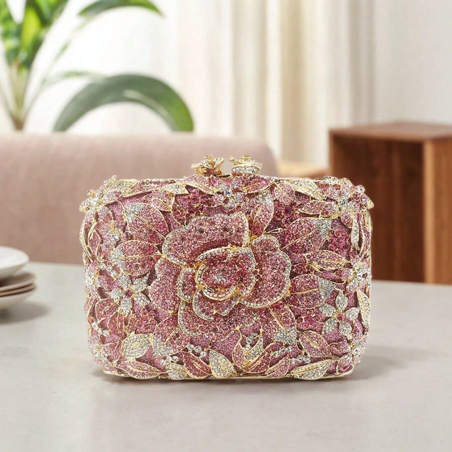 Sparkling Bridal Floral Crystal Clutch Purse Unique Rhinestone Evening Handbags For Wedding Cocktail Banquet - Hồng - Xem 1