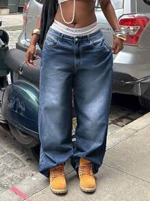 女士度假风 Y2K 水洗做旧阔腿牛仔裤，休闲春季款 - 中等水洗藍 - 查看 5