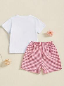 Toddler Boy Birthday Clothes Birthday Boy Animal Print Short Sleeves Round Neck Tops With Plaid Shorts 2Pcs Baby Cute Summer Outfit - 白色 - 查看 3