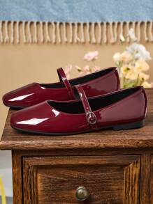 Women's Fashion Square Toe Low Vamp Black Shoes, Versatile Office Casual Outdoor Flat Shoes With High-End Aesthetic, Mary Jane Ballet Flats For Party And Wedding, Red - 酒紅色 - 查看 6