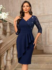 MIUSOL V-Neck Sequin Floral Lace Contrast Ruffle Hem 3/4 Sleeve Bodycon Cocktail Dress, For Valentine's Day - Navy Blue - View 4
