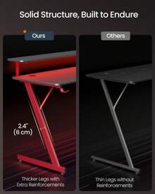 SONGMICS HOME Gaming Desk With LED Lights, Z-Shaped Computer Desk With Monitor Stand, Cup Holder And Headphone Hook, For Home Office, Carbon Black And Ruby Red