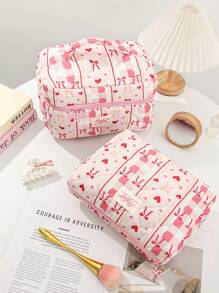 1pc Pink Heart-Shaped Bow Quilted Makeup Bag. Valentine's Day, Love/Lover, Heart, XoX0/Kiss Teddy Bear Travel Cosmetic Bag, Multi-Function Cosmetic Bag Bathroom Wash Bag, Jewelry Storage Bag, Perfume Skin Care Storage Bag, Brush Bag, Sanitary Napkin Bag, Headset Bag, Coin Purse, Glasses Bag, Suitable For Family, Travel, School And Work. Suitable For Women And Students. Holiday Gift, Birthday Gift, Christmas Gift, Mom's Gift, Commemorative Love - Baby Pink - View 16