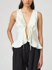 Women's Stylish Elegant Sleeveless Strappy Ruffle Vest Solid Color Jacket Summer Vest - White - View 3
