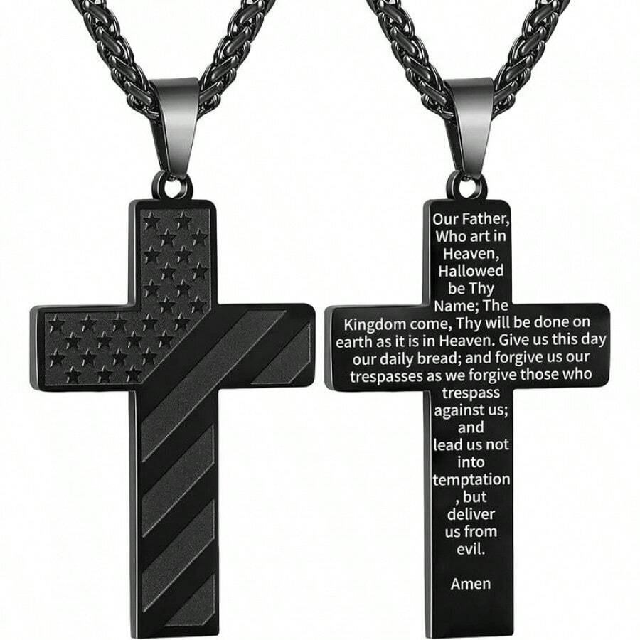 Semoya Golden/Silver/Black Cross Necklace Bible Verse Stainless Steel American Flag Pendant Chain For Men/Women Jewelry Gift - Khaki - View 1