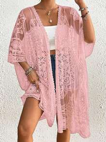 Chic Women's Lace Bikini Cover-Up: 3/4 Sleeves Open Front Sheer Mesh Crochet Kimono Cardigan Perfect For Pool Parties  Beach Days - Hồng - Xem 5