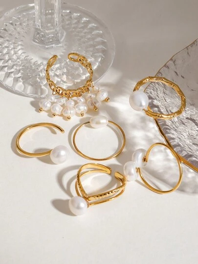 Uworld 1 件女士简约优雅淡水珍珠素面戒指开口戒指 18K 镀金不锈钢扭曲竹戒指适合日常佩戴节日派对节日婚礼等。