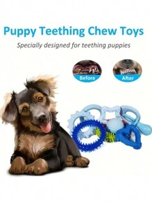 8 Paquetes de Juguetes Masticables para Cachorros - Juguetes de Masticado para Cachorros, Nuevos Juguetes para Cachorros Anillos de Dentición Cuerdas, Paquete de Juguetes de Goma Azul para Perros Pequeños, Pelotas Interactivas Lindas para Perros de Raza Pequeña