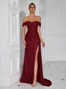 Elisanya Sequin Heart Neck Ruched Waist Long Ribbon Tied Open Back Split Evening Party Dress - Burgundy - View 8