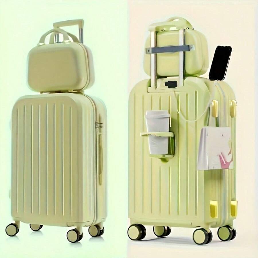 1pc/2pcs Minimalist Solid Color Luggage Case Set, Hard Shell Zipper Trolley Case With Square Small Makeup Handbag For Travel/Home Storage - 黃色 - 查看 1