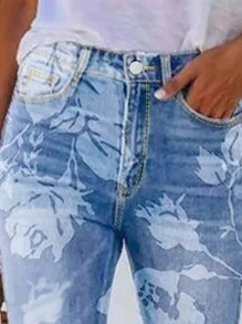 Women's Retro Printed High Waisted Elastic Flared Jeans With Fringed Hem Details - Casual Versatile Jeans, Machine Washable, Suitable For All Seasons - Màu xanh lam - Xem 2