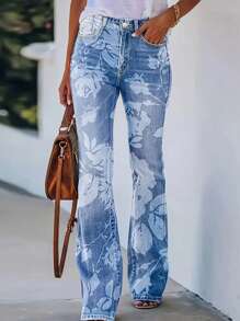 Women's Retro Printed High Waisted Elastic Flared Jeans With Fringed Hem Details - Casual Versatile Jeans, Machine Washable, Suitable For All Seasons - Màu xanh lam - Xem 1