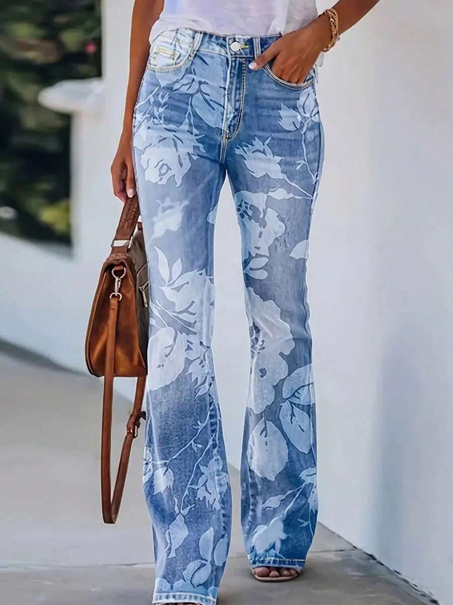 Women's Retro Printed High Waisted Elastic Flared Jeans With Fringed Hem Details - Casual Versatile Jeans, Machine Washable, Suitable For All Seasons - Màu xanh lam - Xem 1