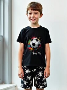 2pcs/Set Boy Sports Outfit Summer, Short Sleeve T-Shirt With Football & English Print, Black Top + Shorts, Suit For Outdoor Sports - Black - View 1