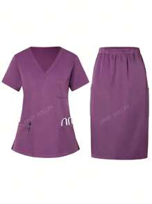 Ensemble d'uniforme de travail femme, Top simple à manches courtes de couleur unie et jupe