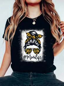 Bleached Sunflower Mom Life Tees For Mother's Day T-Shirt Print Cotton T-Shirt For Summer, Women's Soft Short Sleeve Top, Stylish Comfy Tee For Women Graphic Tees
