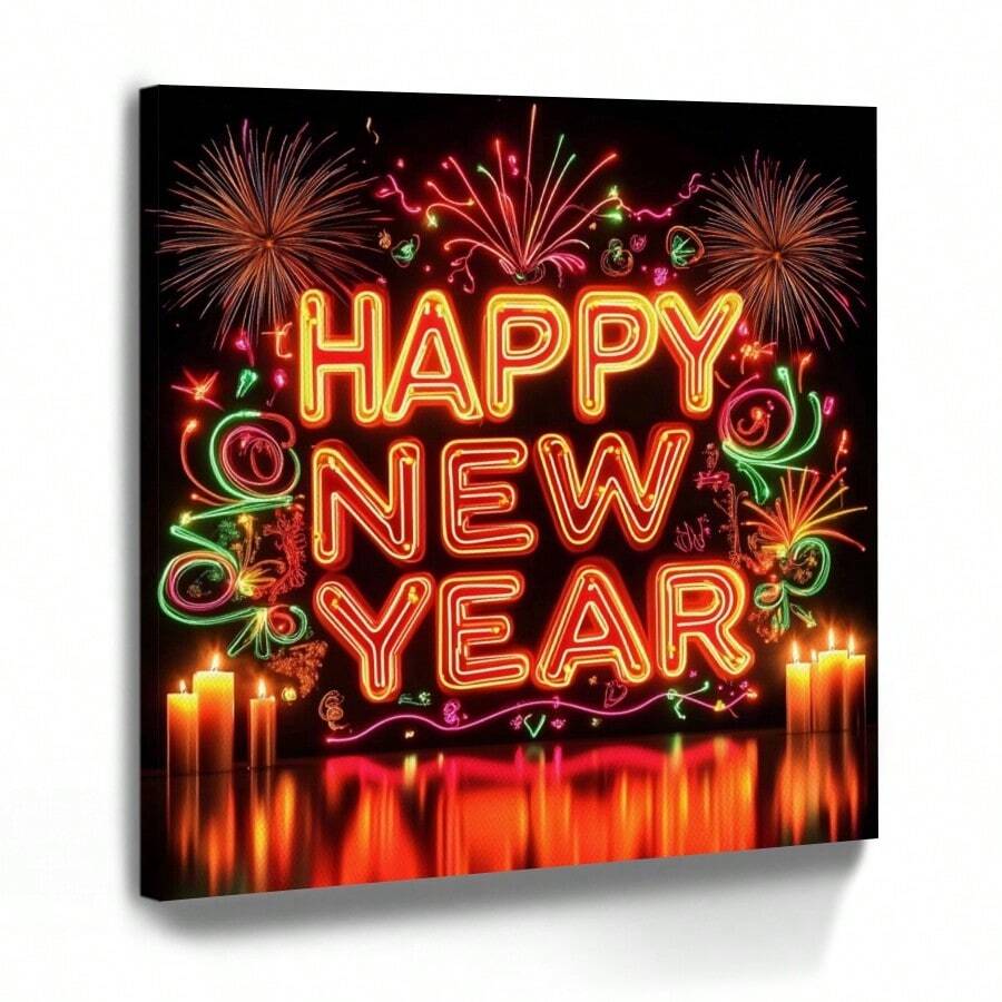 Wrapped Framed Canvas Vintage Wall Art Print Neon "Happy New Year" Sign - Artful Home Decor For Living Room, Bedroom, Bathroom, Office